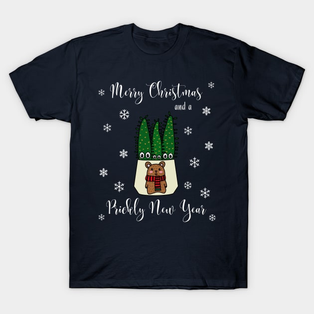 Merry Christmas And A Prickly New Year - Eves Pin Cacti In Christmas Bear Pot T-Shirt by DreamCactus